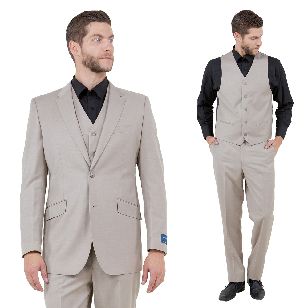 Modern Fit 3pc Wool Mens Suit Set by ZeGarie, Tan